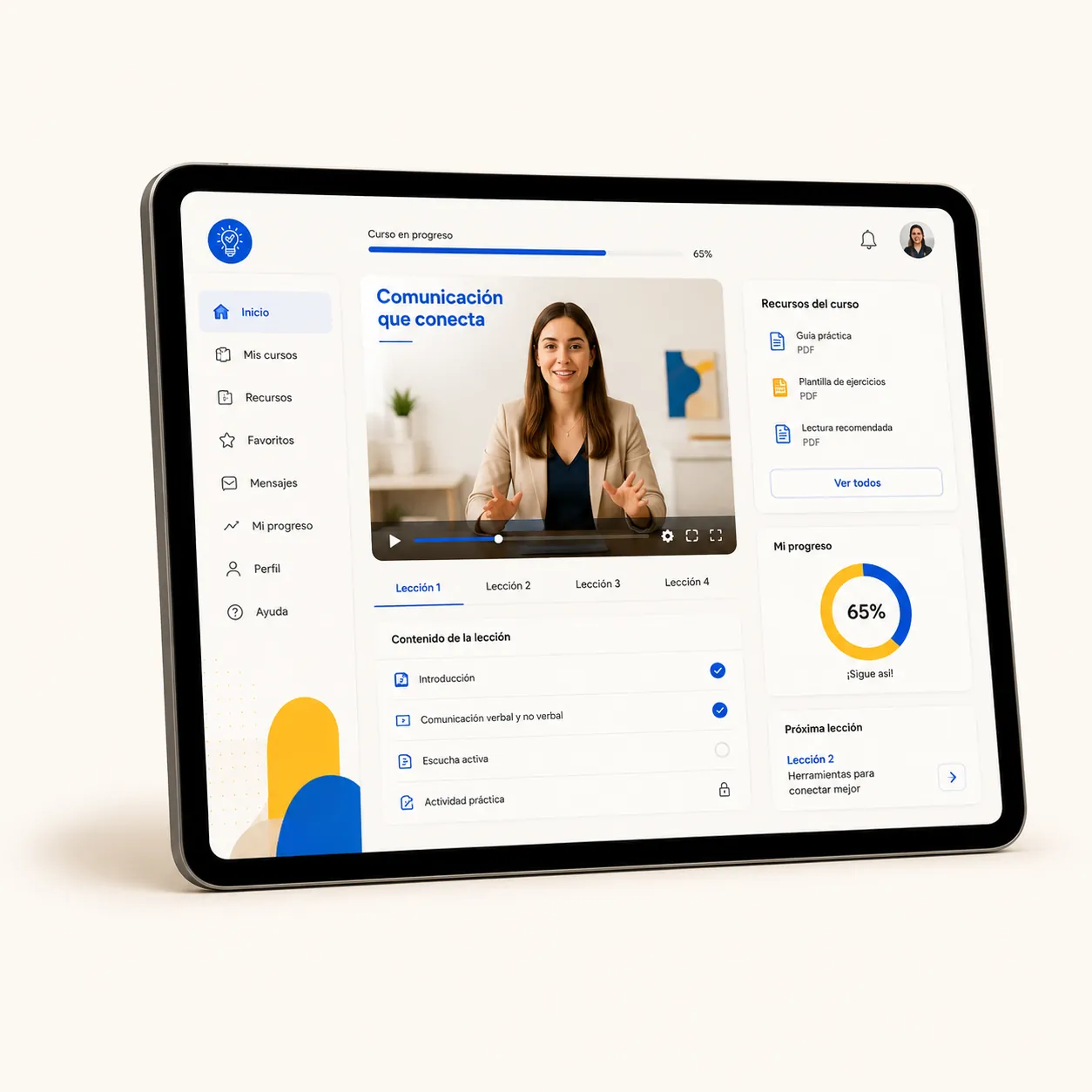 Plataforma de curso y producto educativo mostrada en una tableta
